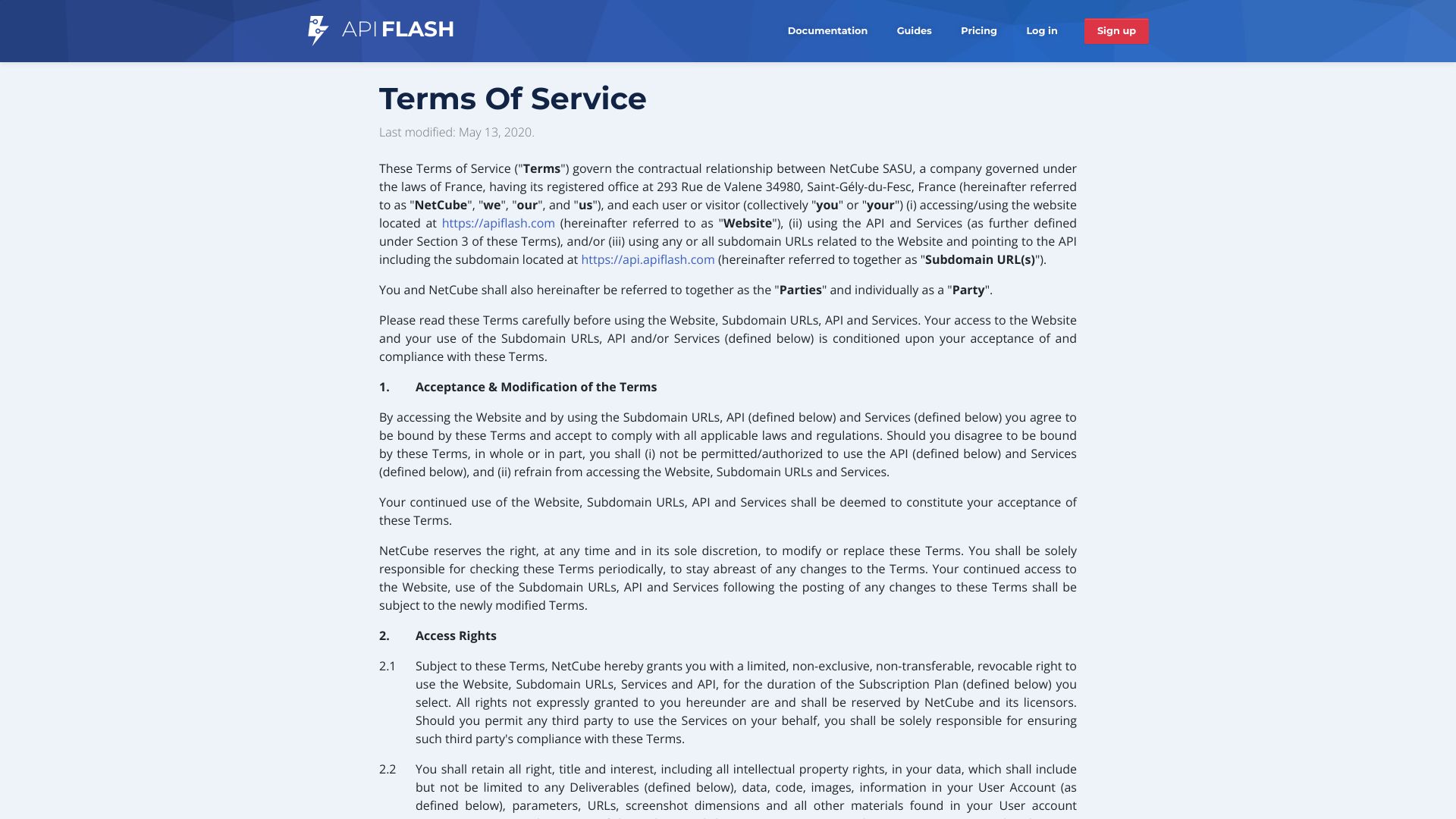 Terms of service of our screenshot API ApiFlash