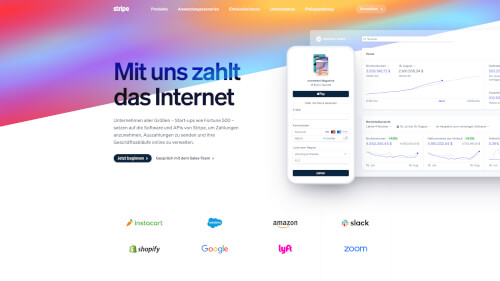 The Stripe website in german rendered using the screenshot API.