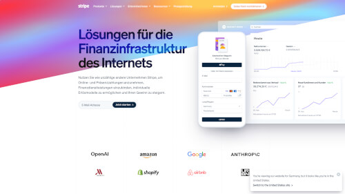 The Stripe website in german rendered using the screenshot API.